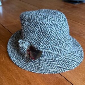 Hanna Hats Wool Gray Herringbone Hat with Feather Detail